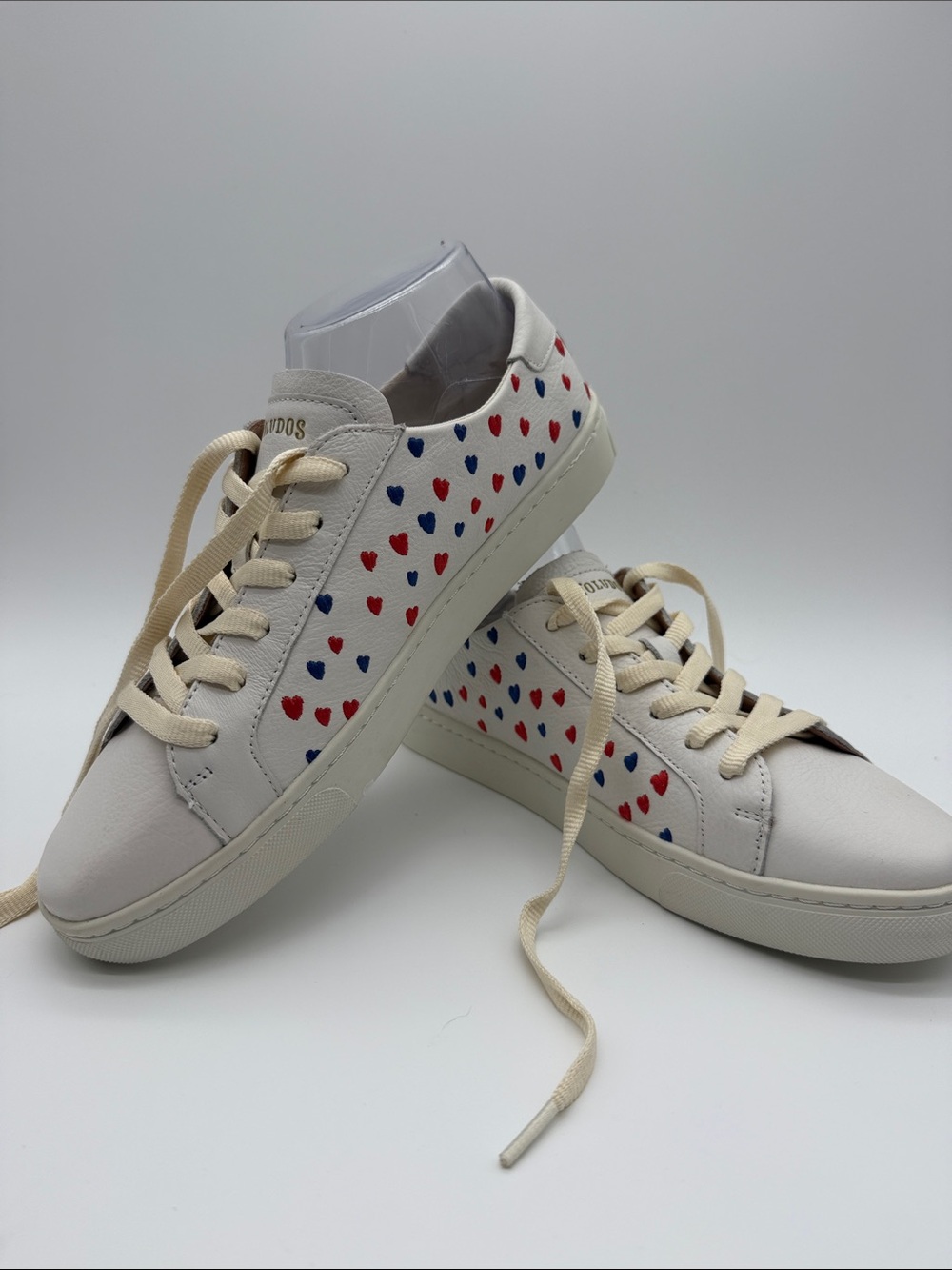 Soludos White Leather Sneakers with Red & Blue Heart Print